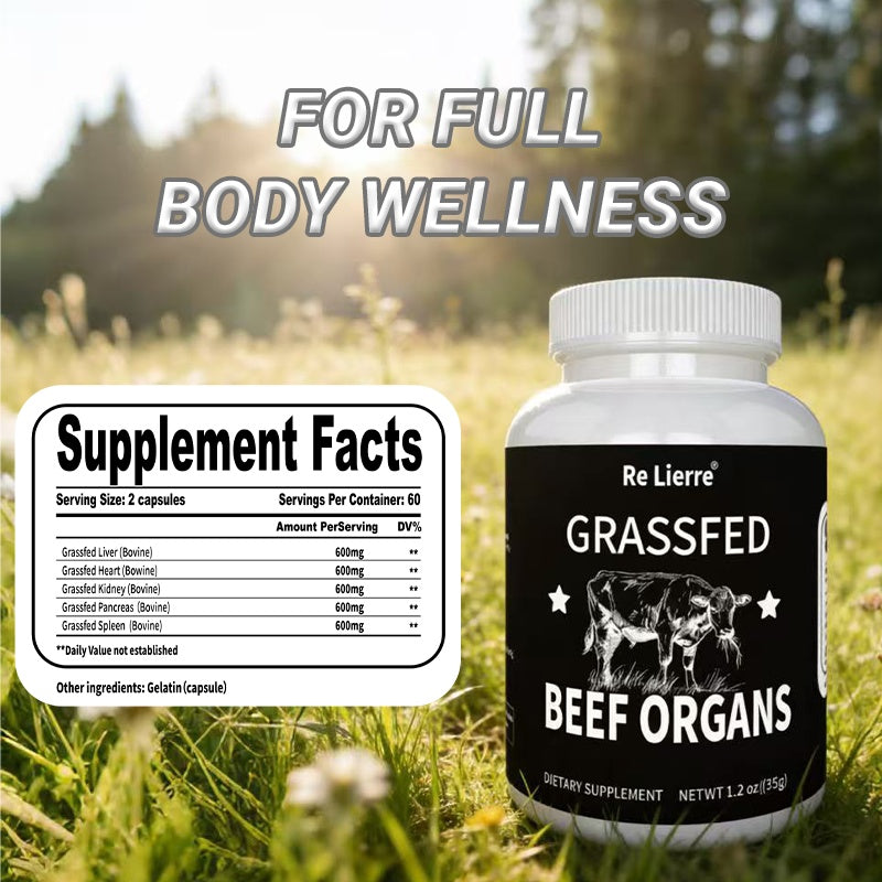 Supplement Facts panel: grass-fed bovine liver, heart, kidney, pancreas and spleen, with gelatin capsule as the only other ingredient.