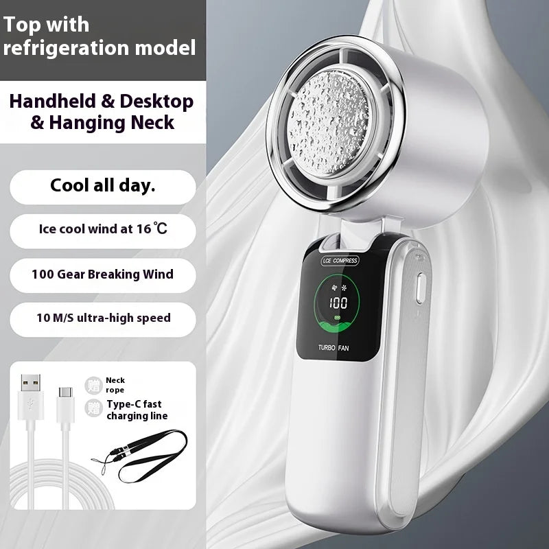 Portable Cooling Handheld Fan 100-Speed Turbo Wind Semiconductor Cooler 4000mAh LED Display USB Rechargeable