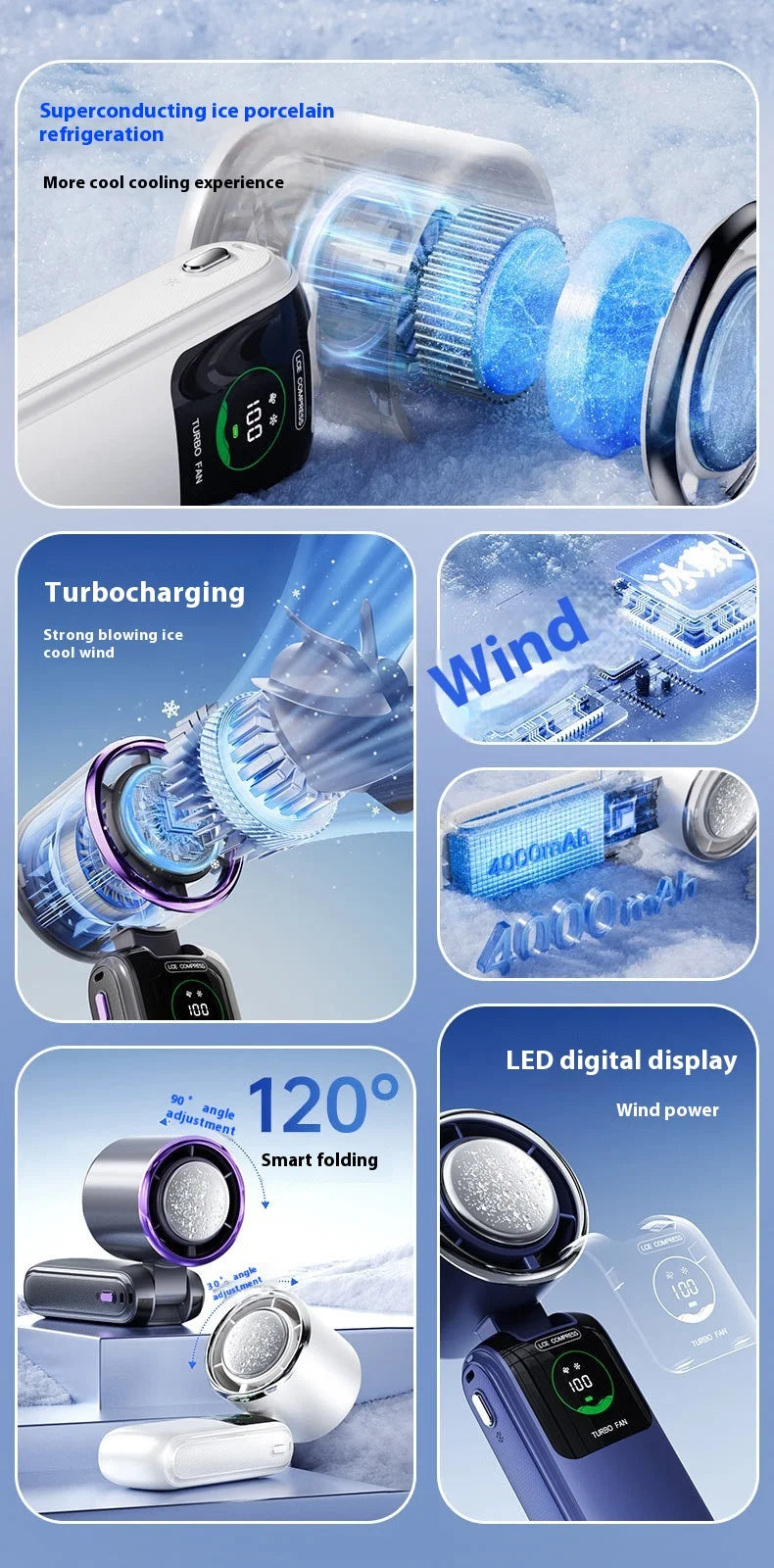 Portable Cooling Handheld Fan 100-Speed Turbo Wind Semiconductor Cooler 4000mAh LED Display USB Rechargeable
