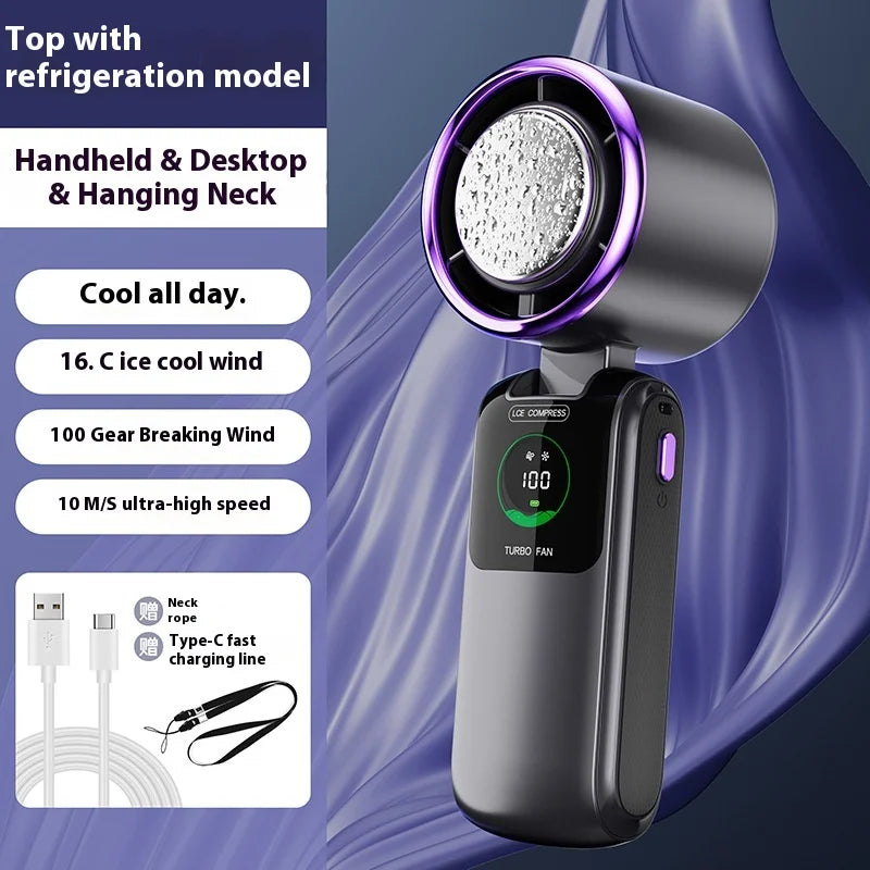 Portable Cooling Handheld Fan 100-Speed Turbo Wind Semiconductor Cooler 4000mAh LED Display USB Rechargeable