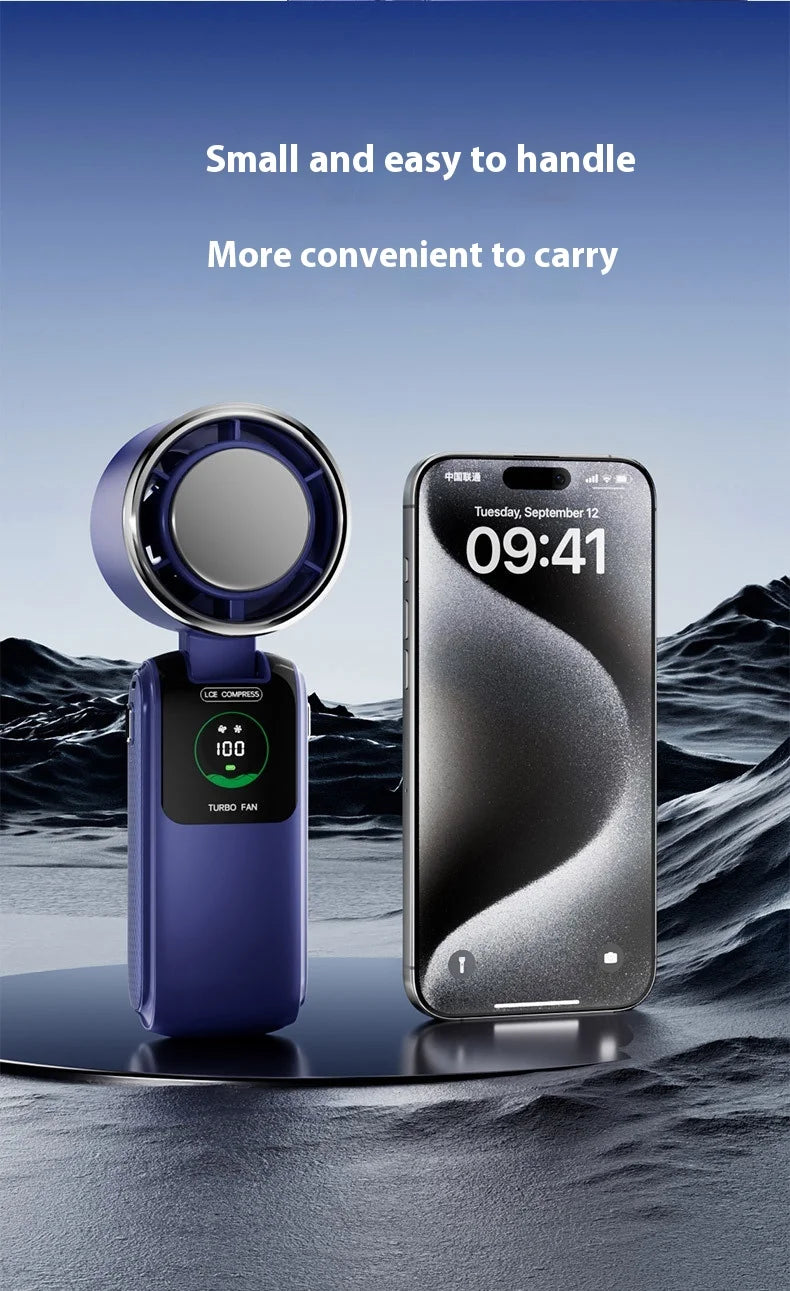 Portable Cooling Handheld Fan 100-Speed Turbo Wind Semiconductor Cooler 4000mAh LED Display USB Rechargeable