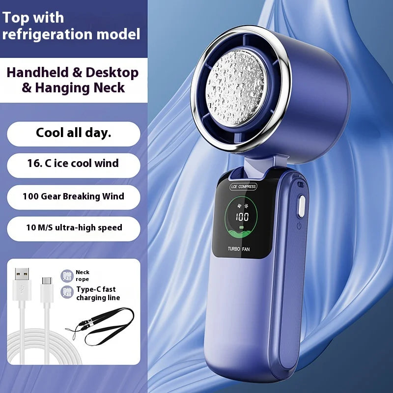 Portable Cooling Handheld Fan 100-Speed Turbo Wind Semiconductor Cooler 4000mAh LED Display USB Rechargeable