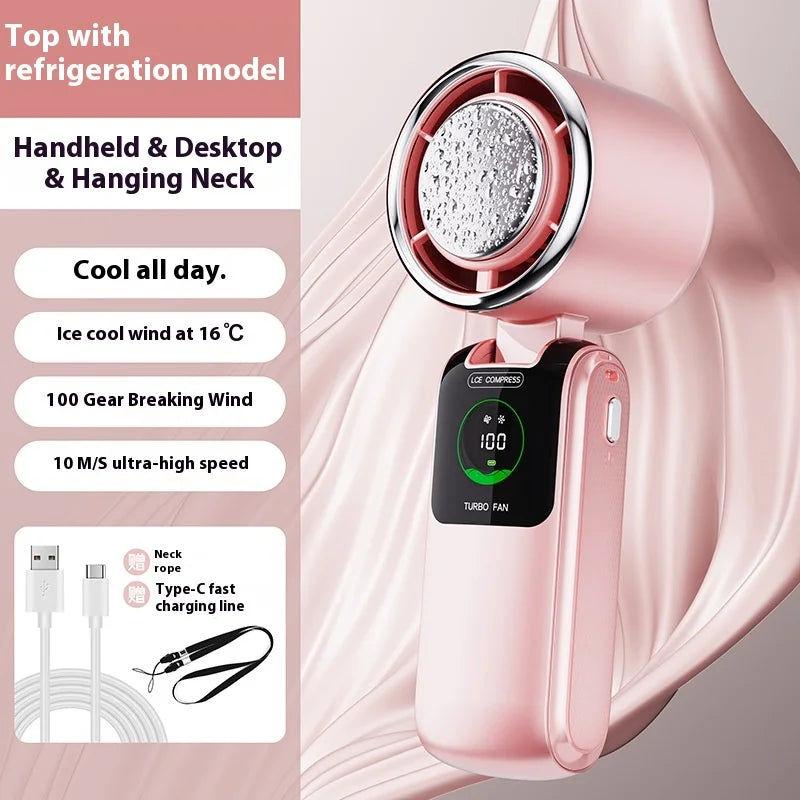 Portable Cooling Handheld Fan 100-Speed Turbo Wind Semiconductor Cooler 4000mAh LED Display USB Rechargeable
